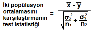 İki popülasyon ortalamasını karşılaştırmanın test istatistiği formülü