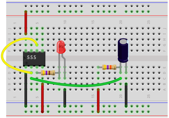 Circuito placa de pruebas temporizador 555 con retardo de apagado