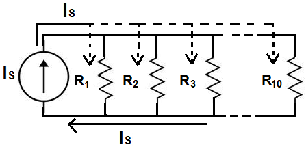 Divisor de corriente con 10 ramas paralelas