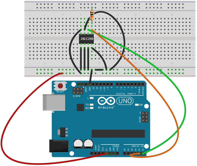 24LC256 EEPROM breadboard circuit with an arduino