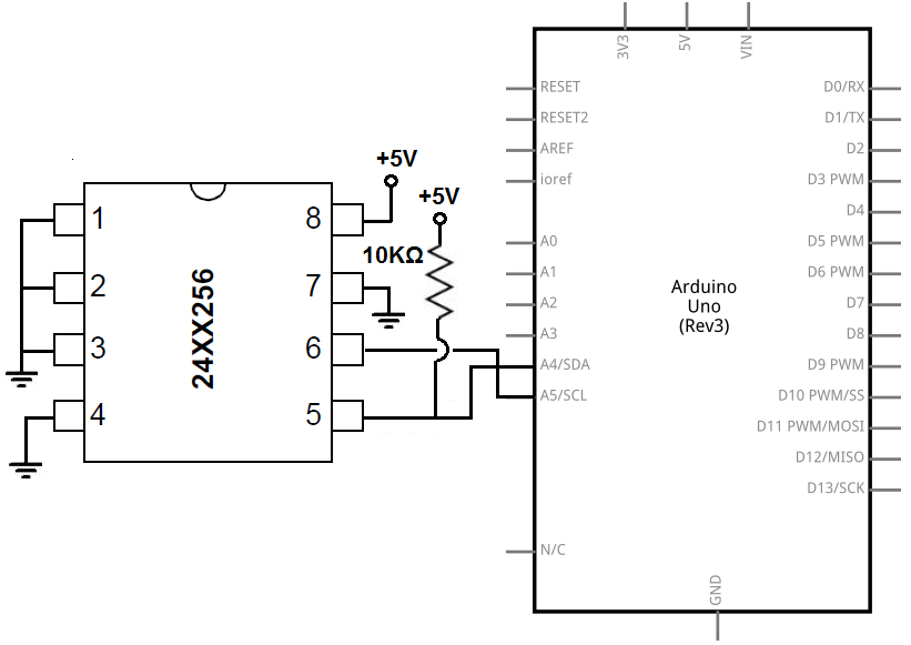 24LC256 EEPROM circuit with an arduino