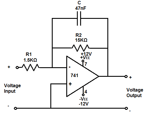 Active inverting op amp low pass filter circuit