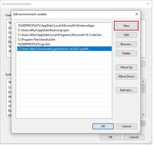 Adding a new path envionment variable for geckodriver in Windows