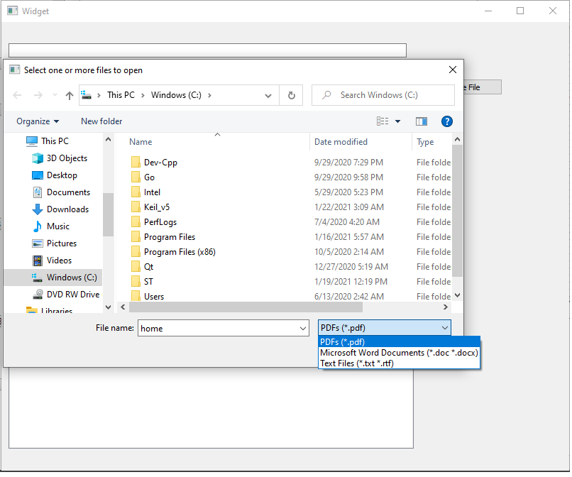 Adding multiple file filters to a qt widget in c++