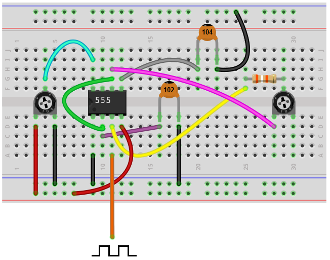 Adjustable square wave generator breadboard circuit with a 555 timer