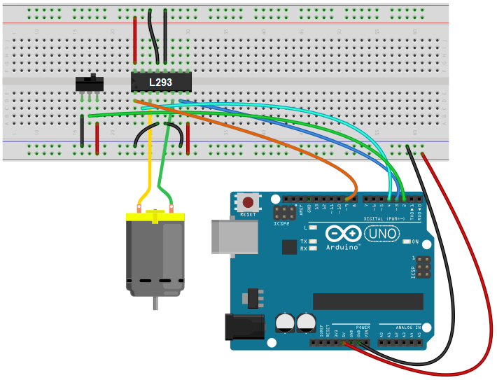 Arduino microcontroller H-bridge circuit breadboard schematic