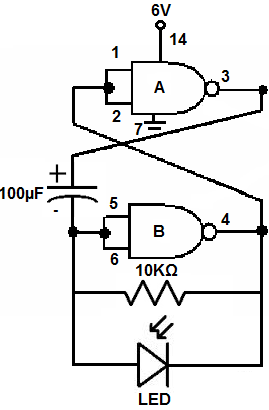 Astable multivibrator circuit with a 4011 NAND gate chip