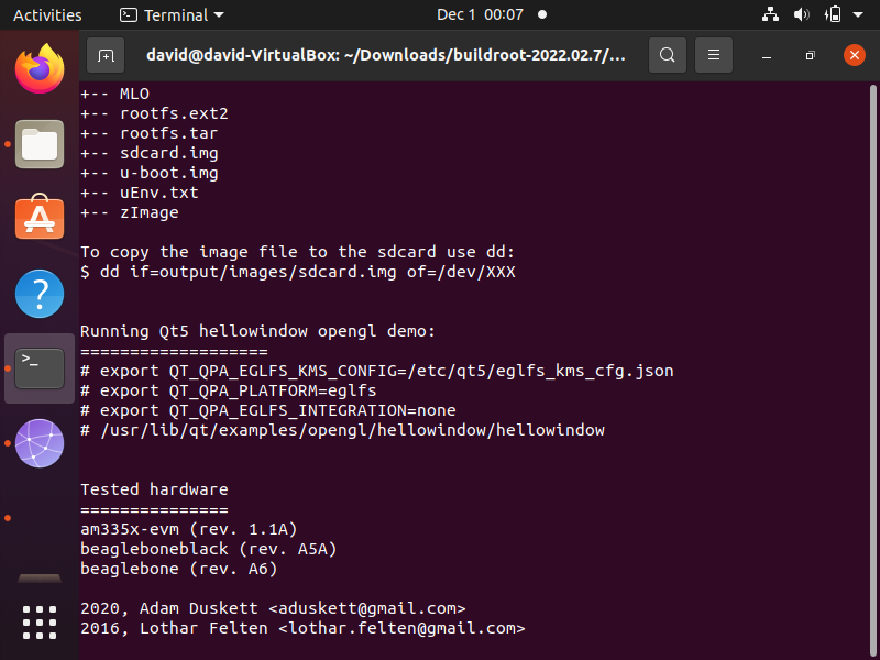 Beaglebone board readme.txt file showing tested hardware in a buildroot package