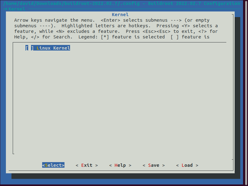Buildroot menu configuration linux kernel unselect