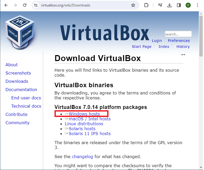 Downloading virtualbox on a windows host