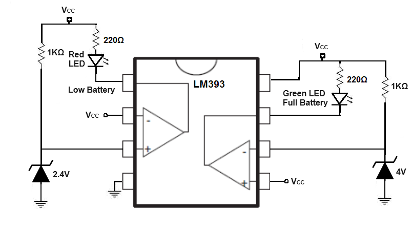 Dual full battery and low battery LED warning circuit