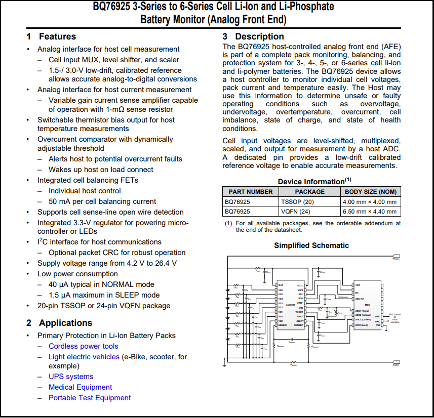 Li battery monitor BQ76925 datasheet first page