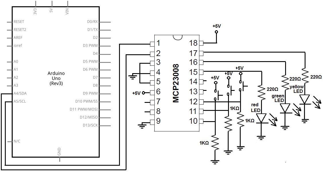 MCP23008 I/O port expander circuit for reading inputs with an arduino