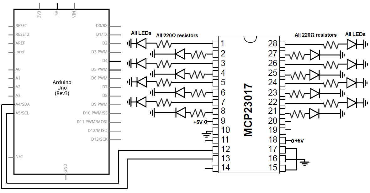 MCP23017 I/O port expander circuit with arduino