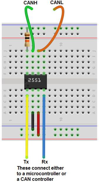 MCP2551 transceiver breadboard circuit
