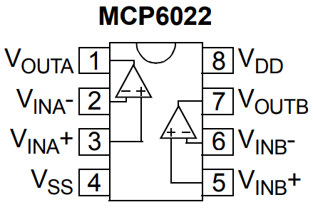 MCP6022 operational amplifier pinout