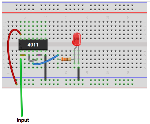 NAND gate triggered by active high breadboard schematic