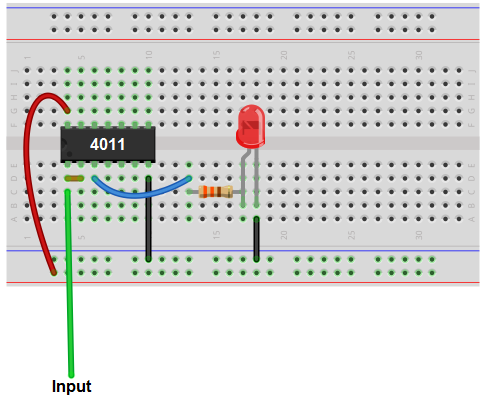 NAND gate triggered by active low breadboard schematic