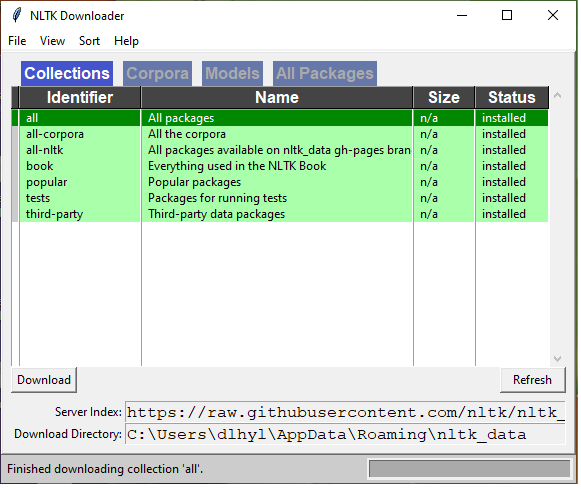 NLTK downloader with all packages installed- Python