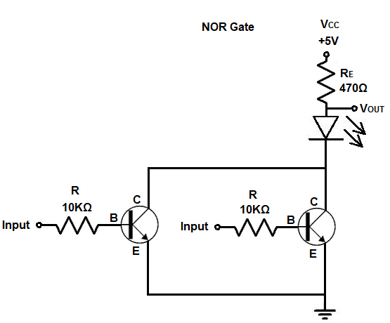 NOR gate circuit built with transistors