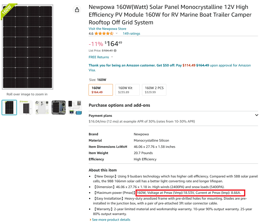 Newpoma 160W 12V monocrystalline solar panel on amazon