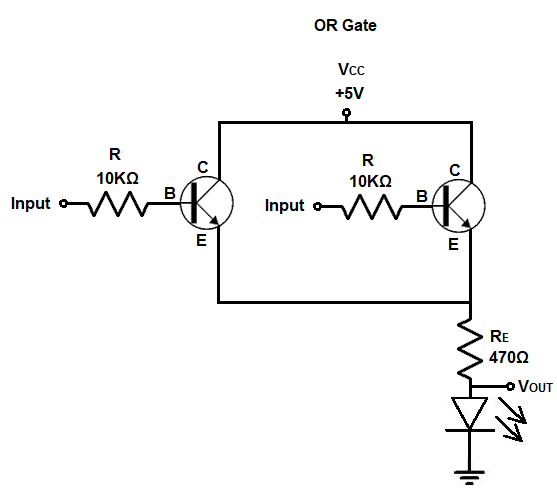 OR gate circuit built with transistors