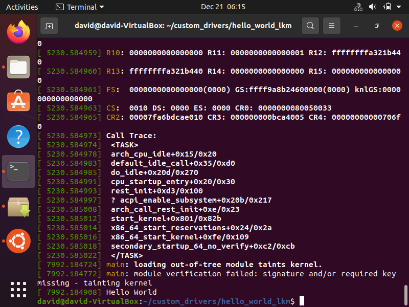 Output of 'hello world' linux kernel module with insmod shown with dmesg running on the local host