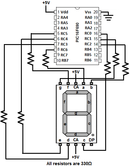PIC16F690 LED display circuit schematic