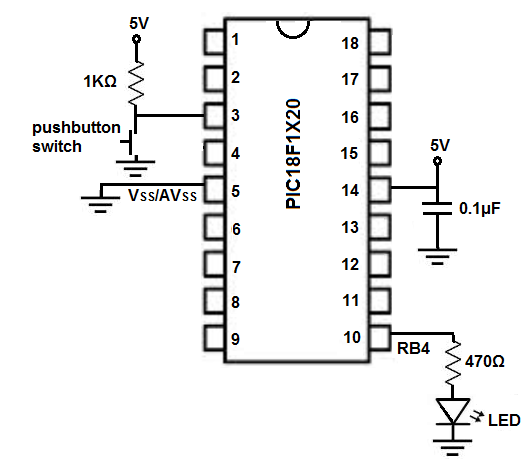 Pushbutton switch circuit with a PIC18F1220