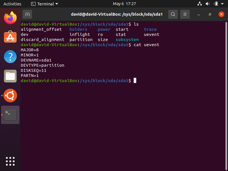 Reading the uevent kobject attribute of sda1 in linux
