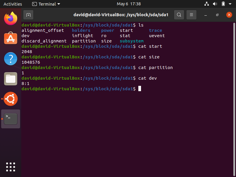 Reading various kobject attributes of sda1 in linux