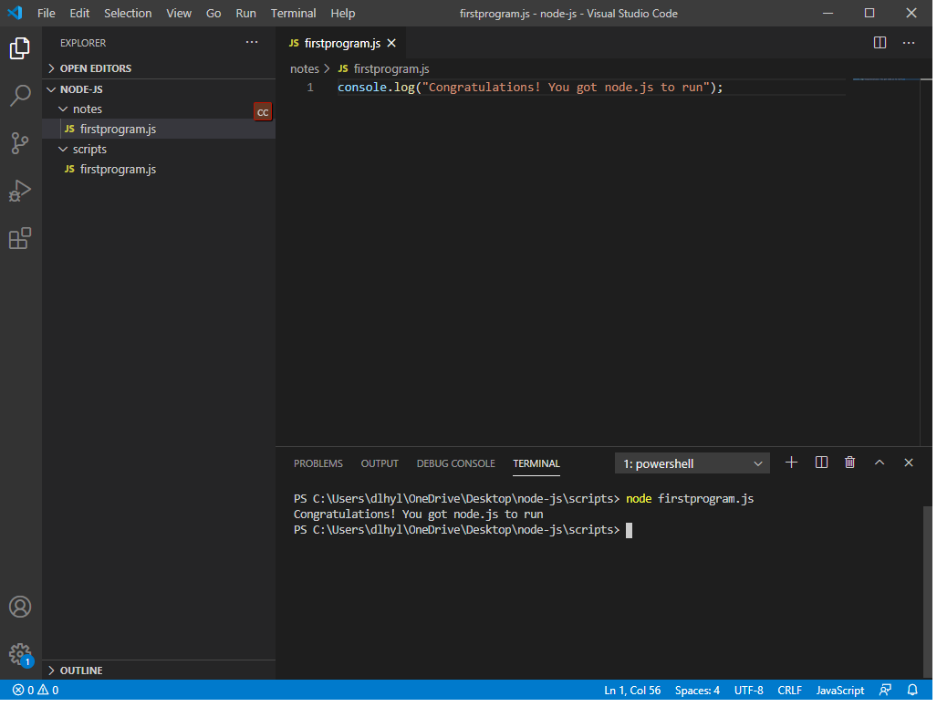 Running a node.js script in Visual Studio Code