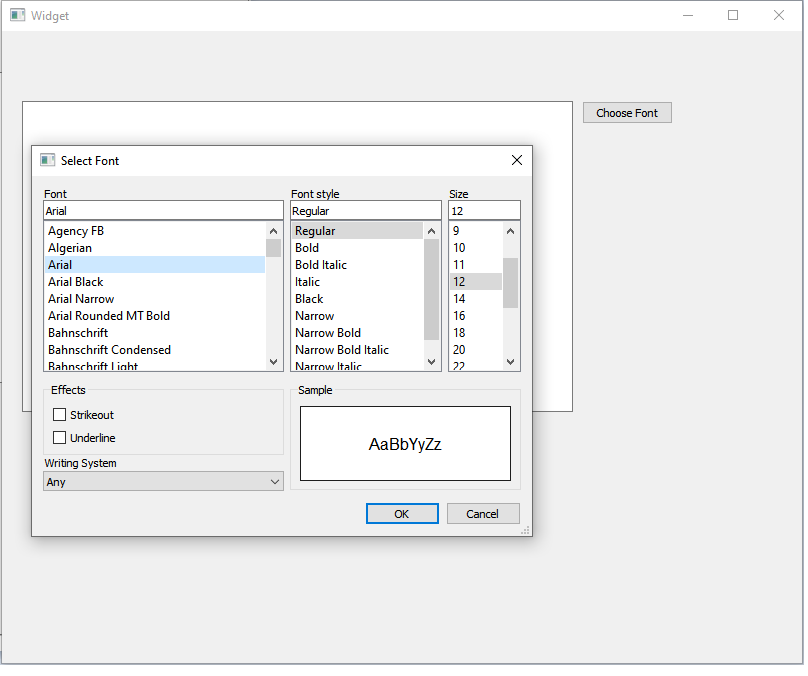 Selecting a font in a qt widget in c++