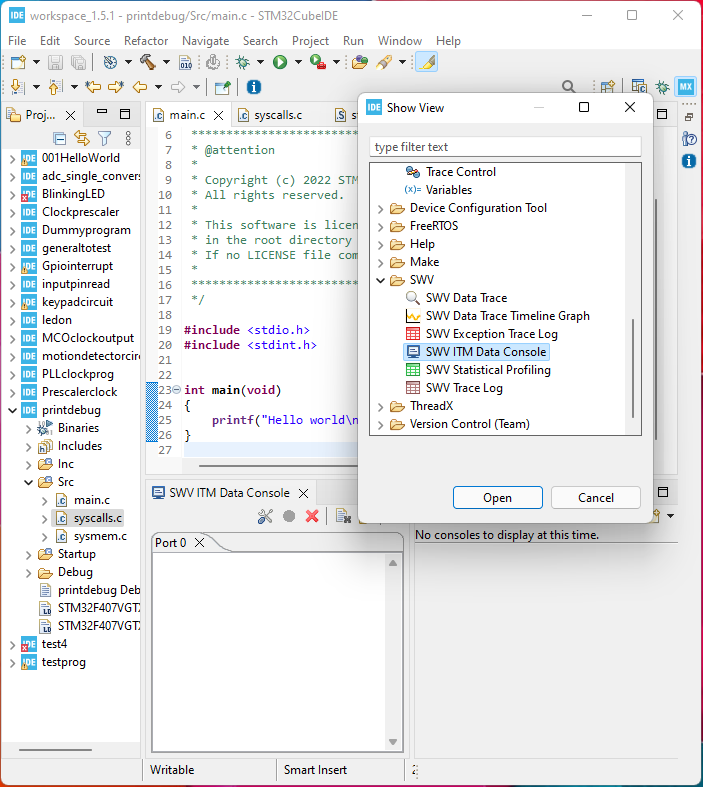 Show view SWV ITM data console in the STM32 IDE