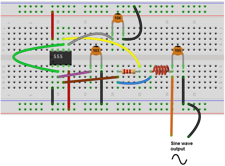 Sine wave generator breadboard circuit with a 555 timer