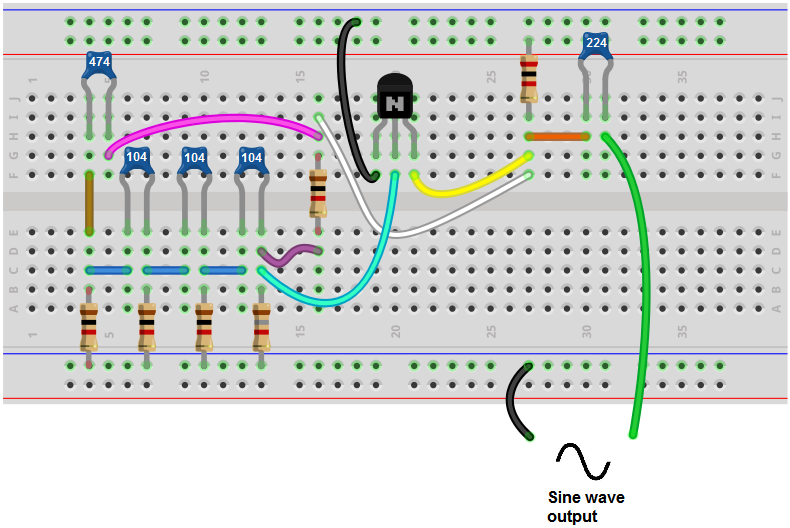 Sine wave generator breadboard circuit with a transistor