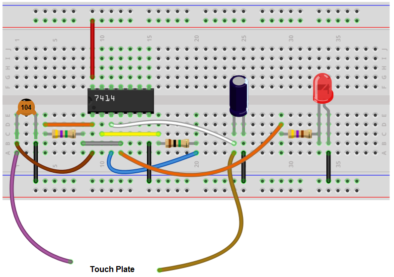 Touch on-off breadboard circuit with a 7414 inverter chip
