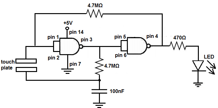 Touch on-off circuit with a 4011 NAND gate chip