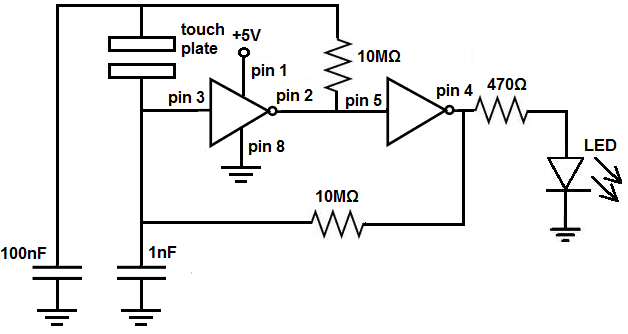 Touch on-off circuit with a 4049 inverter chip