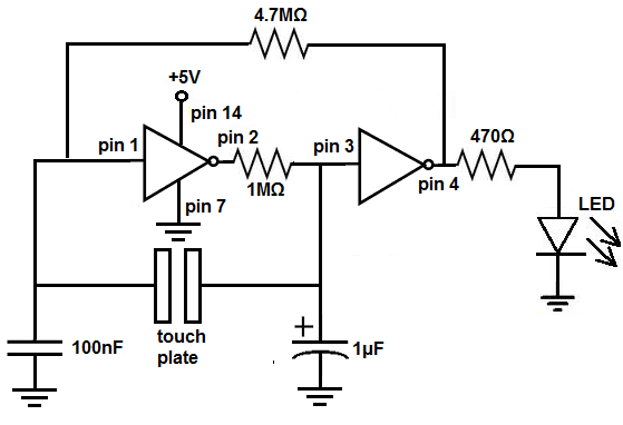 Touch on-off circuit with a 7414 inverter chip