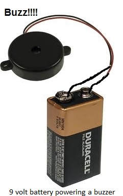 9 volt battery powering a buzzer