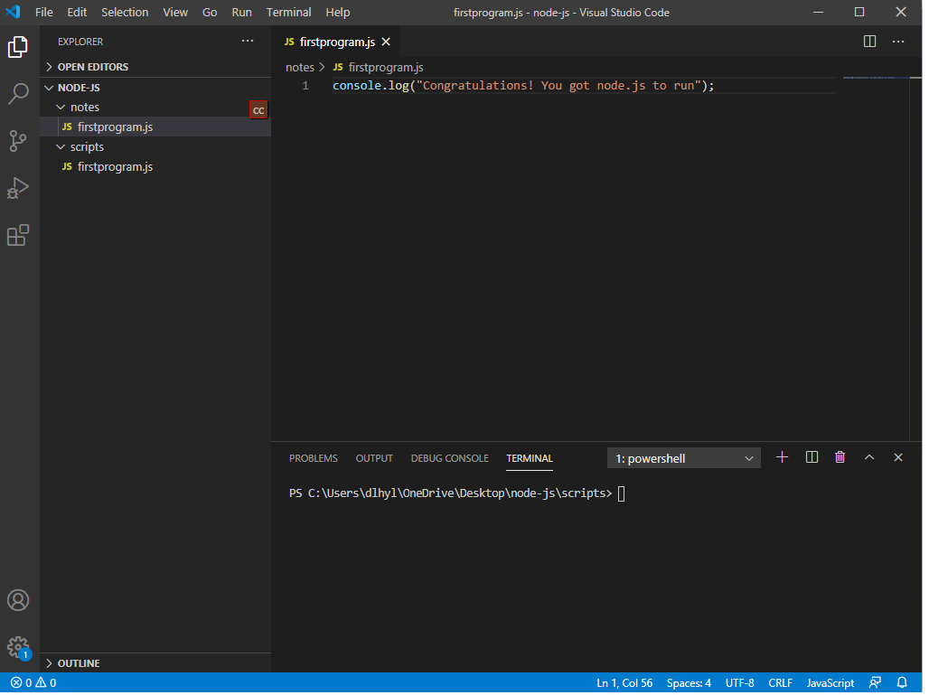 node.js terminal in Visual Studio Code