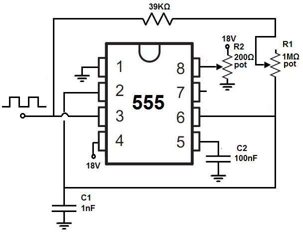 Adjustable square wave generator circuit with a 555 timer
