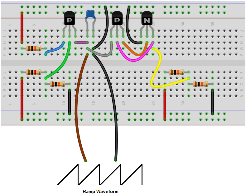 Ramp generator breadboard circuit with transistors